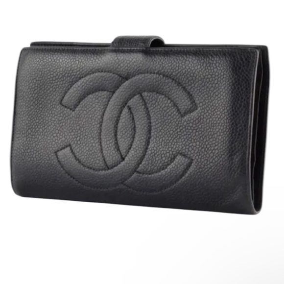 Chanel CC Timeless Caviar Leather Long French Purse Wallet Black Coco Logos EUC - Picture 1 of 13